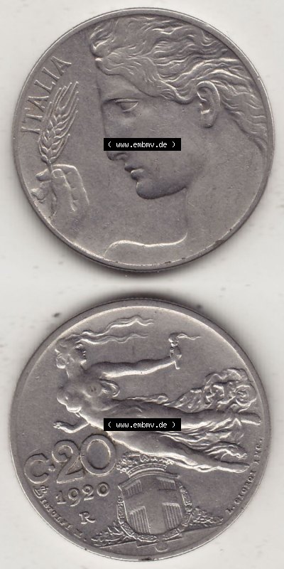 Münzen Italien / Italia Eurovorläufer, Umlaufmünze vor Euroeinführung 1908-1935, 20 C. Centesimi, Cent, 1920 (Stück 1). Rückseite... Sammlung