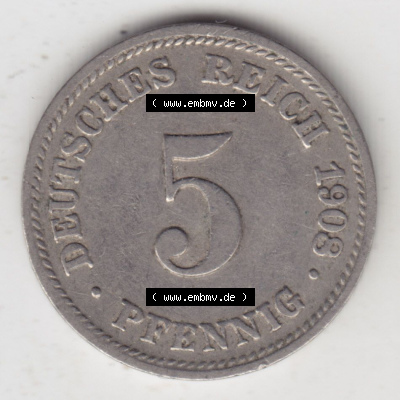 Münzen Deutschland 1871-1918 Kaiserreich 1890-1915, 5 Pfennig D, 1908 (1) Sammlung