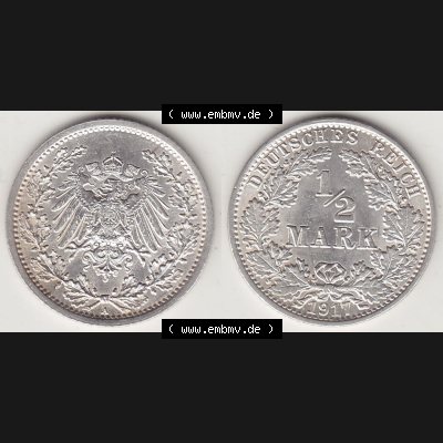 Münzen Deutschland 1871-1918 Kaiserreich Silbermünze 1905-1919, 1/2 Mark A 1917. Vorderseite und Rückseite Nebeneinander einer Münze aus Europa dem Deutschen Kaiserreich... Sammlung