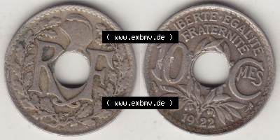 Rückseite und Vorderseite horizontal nebeneinander zusammengefügt, als Bildmaterial einer 10 Cmes / Centimes / Cent Münze aus... Sammlung