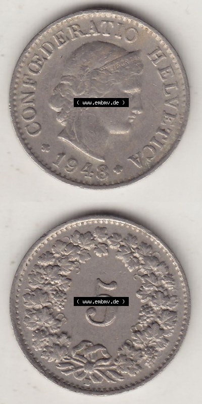 Münzen Schweiz Eurovorläufer, Umlaufmünze 1879-1980, 5 Rappen 1948 Helvetica (4) Sammlung
