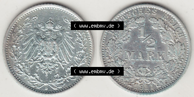 Münzen Deutschland 1871-1918 Kaiserreich Silbermünze 1905-1919, 1/2 Mark D 1911. Vorderseite und Rückseite Nebeneinander einer... Sammlung