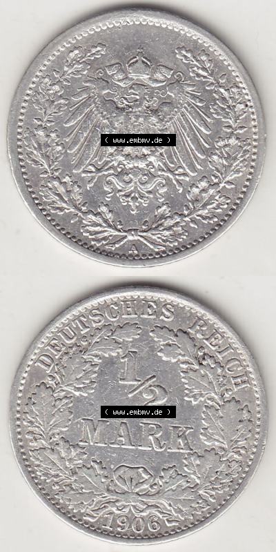 Münzen Deutschland 1871-1918 Kaiserreich Silbermünze 1905-1919, 1/2 Mark A 1906. Vorderseite und Rückseite Vertikal Untereinander,... Sammlung