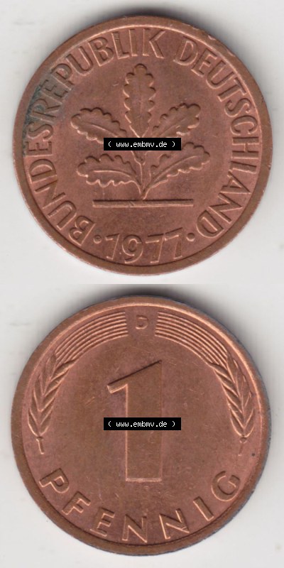 Münzen Deutschland 1 Pfennig-Deutsche Mark 1950-2001, 1 Pfennig 1977 D. Vorderseite und Rückseite in vertikaler Ansicht, einer... Sammlung