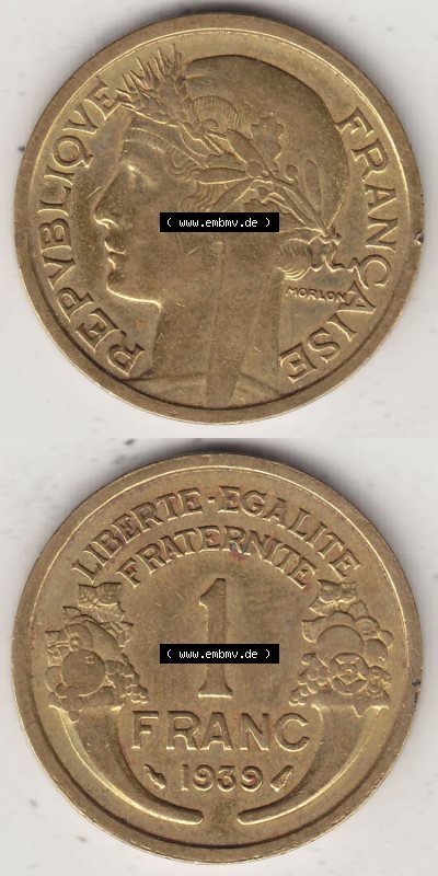 Alte Münzen Frankreich, Kursmünzensatz Zeitraum 1917-1952, der Münze 1931-1941, 1 Franken, Franc, 1939. Rückseite und Vorderseite... Sammlung