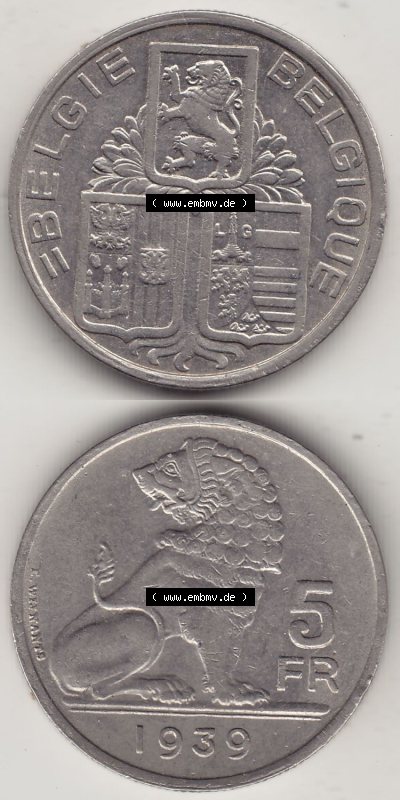 Alte Münzen KMS Belgien, Kursmünzensatz - Zusammenstellung 1938-1940, mit Münze 1938-1939, 5 Franken, FR, Francs, BELGIE -... Sammlung