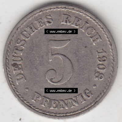 Münzen Deutschland 1871-1918 Kaiserreich 1890-1915, 5 Pfennig A, 1908 I. (1) Sammlung