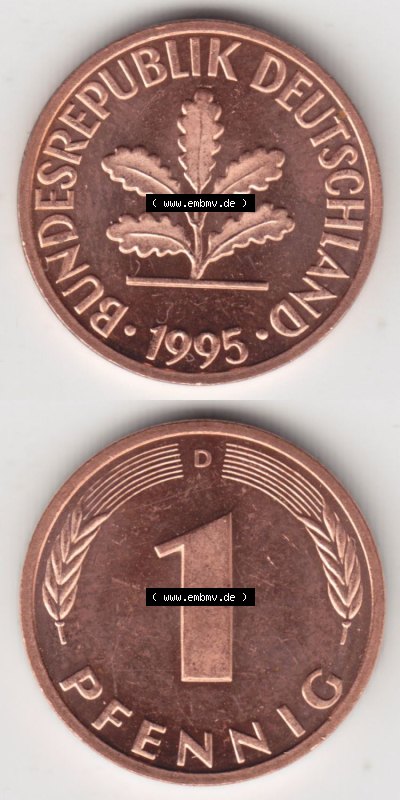 Münzen Deutschland 1 Pfennig-Deutsche Mark 1950-2001, 1 Pfennig 1995 D. Vorderseite und Rückseite in vertikaler Ansicht, einer... Sammlung