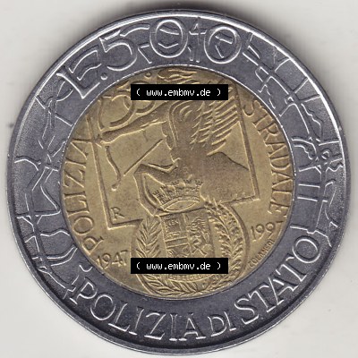 Münzen Italien / Italia Eurovorläufer, Gedenkmünze vor Euroeinführung 1997-1997, 500 Lire, 50 Jahre Staatspolizei (1947-1997),... Sammlung