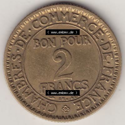 Münzen Frankreich Eurovorläufer, Umlaufmünze vor Euroeinführung 1920-1927, 2 Francs - Franken 1922-1. Rückseite einer Münze aus Europa als Digitales Bild... Sammlung