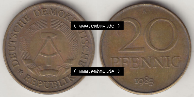 Münzen Deutschland DDR 1969-1990, 20 Pfennig 1983 (Stück 2), DDR-Telefonmünze. Vorderseite und Rückseite Nebeneinander einer... Sammlung