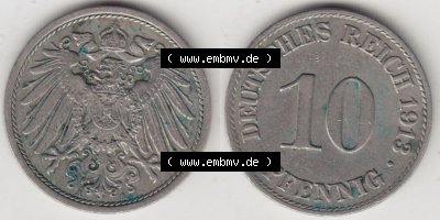 Münzen Deutschland 1871-1918 Kaiserreich 1890-1916, 10 Pfennig A, 1913 I. (3) Sammlung