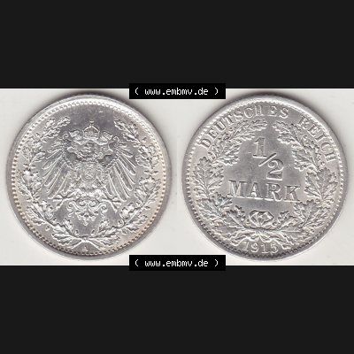 Münzen Deutschland 1871-1918 Kaiserreich Silbermünze 1905-1919, 1/2 Mark A 1915. Vorderseite und Rückseite Nebeneinander einer Münze aus Europa dem Deutschen Kaiserreich... Sammlung