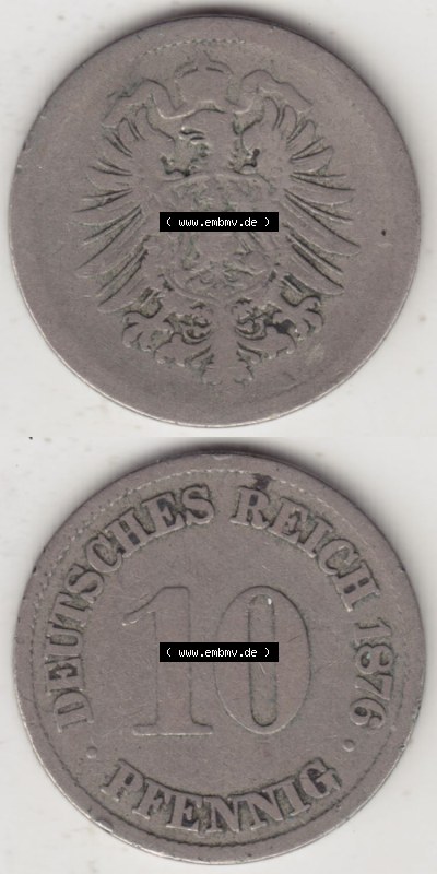 Münzen Deutschland 1871-1918 Kaiserreich 1873-1889, 10 Pfennig A, 1876. Vorderseite und Rückseite Vertikal Untereinander, passend... Sammlung