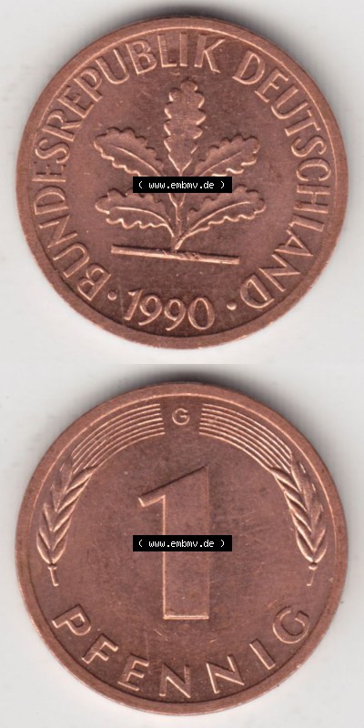 Münzen Deutschland 1 Pfennig-Deutsche Mark 1950-2001, 1 Pfennig 1990 G. Vorderseite und Rückseite in vertikaler Ansicht, einer... Sammlung