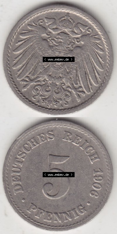 Münzen Deutschland 1871-1918 Kaiserreich 1890-1915, 5 Pfennig A, 1906 (4) Sammlung