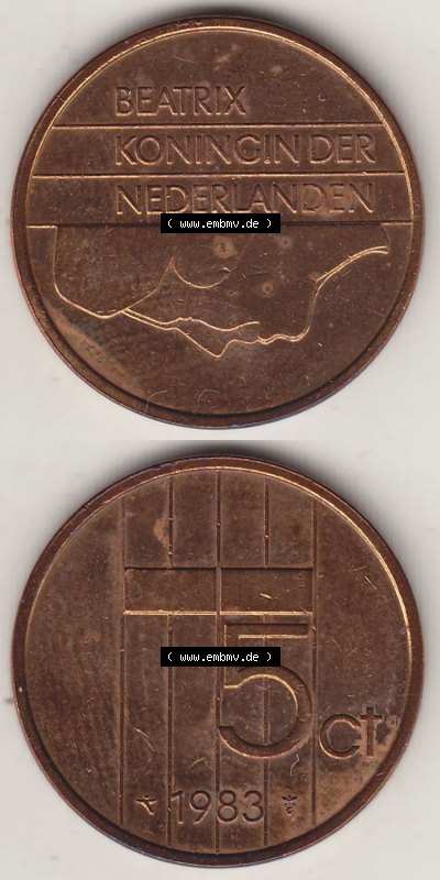 Münzen Niederlande / Netherlands Eurovorläufer, Umlaufmünze vor Euroeinführung 1982-2001, 5 Ct Cent 1983 Königin Beatrix... Sammlung