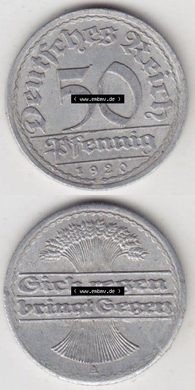 Münzen Deutschland 1918-1932 Weimarer Republik 1919-1922, 50 Pfennig A, 1920 (4) Sammlung
