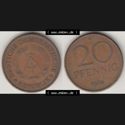 Münzen Deutschland DDR 1969-1990, 20 Pfennig 1974-1, DDR-Telefonmünze. Vorderseite und Rückseite Nebeneinander einer 20 Pfennig Münze / Umlaufmünze in der... Sammlung