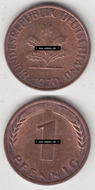 Münzen Deutschland 1 Pfennig-Deutsche Mark 1950-2001, 1 Pfennig 1970 G. Vorderseite und Rückseite in vertikaler Ansicht, einer... Sammlung