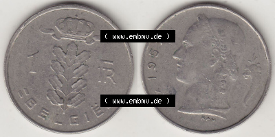 Münzen Belgien Eurovorläufer, Umlaufmünze vor Euroeinführung 1950-1988, 1 FR-Franken 1957 België. Vorderseite und Rückseite... Sammlung