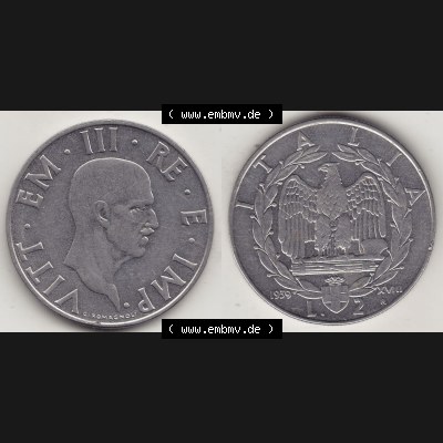 Münzen Italien / Italia Eurovorläufer, Umlaufmünze vor Euroeinführung 1939-1943, 2 Lire, Lira, Viktor Emanuael III., G ROMAGNOLI VITT EMAN III... Sammlung
