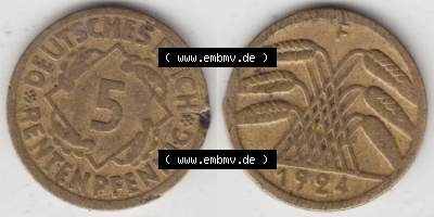 Münzen Deutschland 1918-1932 Weimarer Republik 1924-1936, 5 Reichspfennig F, 1924 I (3) Sammlung