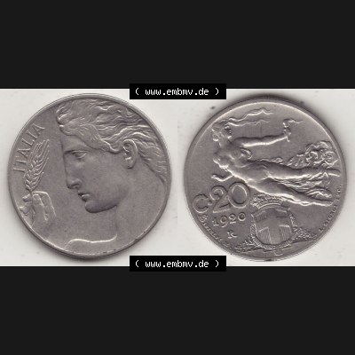 Münzen Italien / Italia Eurovorläufer, Umlaufmünze vor Euroeinführung 1908-1935, 20 C. Centesimi, Cent, 1920-1. Rückseite und Vorderseite... Sammlung