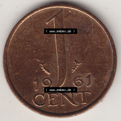 Münzen Niederlande / Netherlands Eurovorläufer, Umlaufmünze vor Euroeinführung 1950-1980, 1 Cent 1961, alte Münze (2) Sammlung