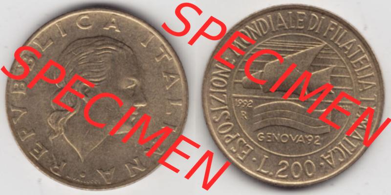 Münzen Italien / Italia Eurovorläufer, Gedenkmünze vor Euroeinführung 1992-1992, 200 Lire Briefmarkenausstellung in Genua. Rückseite und Vorderseite horizontal... Sammlung