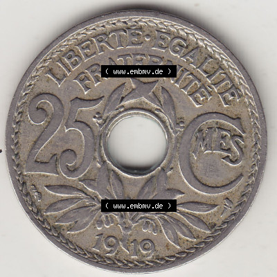 Münzen Frankreich Eurovorläufer, Umlaufmünze vor Euroeinführung 1917-1937, 25 Cmes, Centimes 1919 (Stück 1) LIBERTE EGALITE... Sammlung