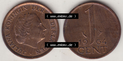 Münzen Niederlande / Netherlands Eurovorläufer, Umlaufmünze vor Euroeinführung 1950-1980, 1 Cent 1964 Königin Juliana, alte... Sammlung