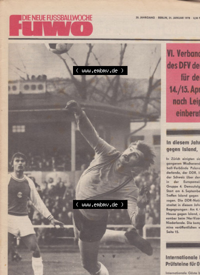 Fußball in der DDR, FUWO - Fußballwoche Zeitung 1978, Nr. 5, vom 31. Januar. VI. Verbandstag des DFV der DDR für 14.-15. April... Sammlung