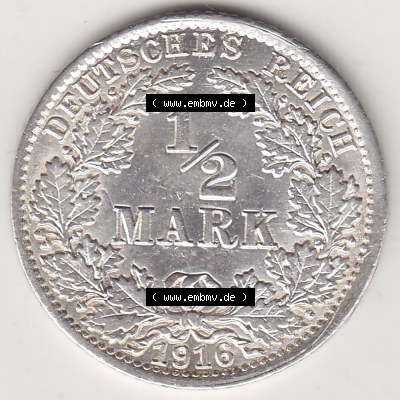 Münzen Deutschland 1871-1918 Kaiserreich Silbermünze 1905-1919, 1/2 Mark A 1916. Rückseite einer Münze aus dem Deutschen Kaiserreich... Sammlung
