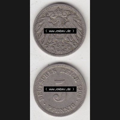 Münzen Deutschland 1871-1918 Kaiserreich 1890-1915, 5 Pfennig D, 1908 (4) Sammlung