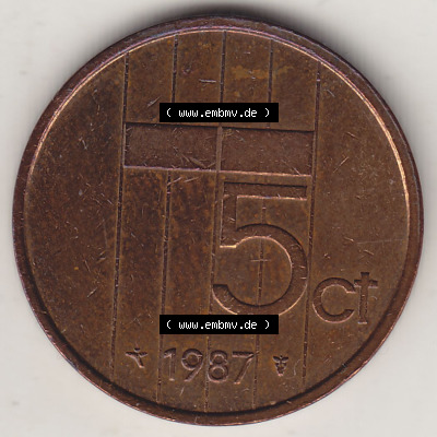 Münzen Niederlande / Netherlands Eurovorläufer, Umlaufmünze vor Euroeinführung 1982-2001, 5 Ct Cent 1987 Königin Beatrix... Sammlung
