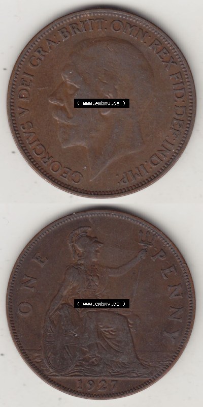 Münzen Großbritannien Eurovorläufer, Umlaufmünze vor Euroeinführung 1927-1927, 1 One Penny, 1927 (Stück 1), George V, BM... Sammlung