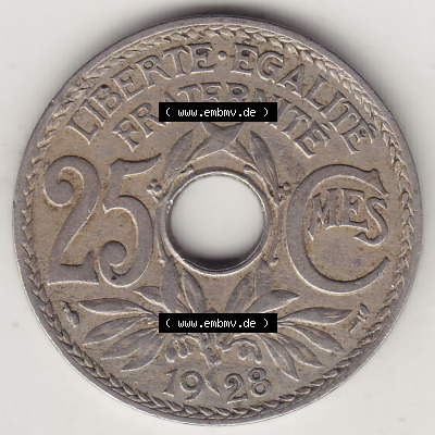 Münzen Frankreich Eurovorläufer, Umlaufmünze vor Euroeinführung 1917-1937, 25 Cmes, Centimes 1928 (Stück 1) LIBERTE EGALITE... Sammlung