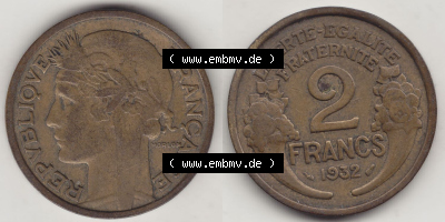 Münzen Frankreich Eurovorläufer, Umlaufmünze vor Euroeinführung 1931-1941, 2 Franken 1932 (Stück 1) LIBERTE EGALITE FRATERNITE.... Sammlung