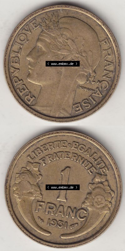 Münzen Frankreich Eurovorläufer, Umlaufmünze vor Euroeinführung 1931-1941, 1 Franken, 1 Franc, 1931 (Stück 1) LIBERTE EGALITE... Sammlung