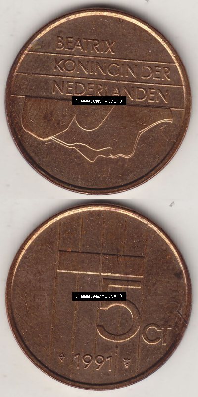 Münzen Niederlande / Netherlands Eurovorläufer, Umlaufmünze vor Euroeinführung 1982-2001, 5 Ct Cent 1991 (Stück 4) Königin... Sammlung