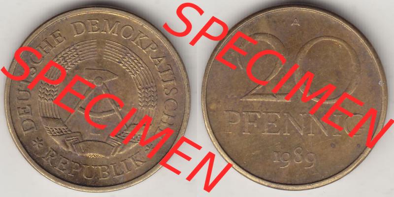 Münzen Deutschland DDR 1969-1990, 20 Pfennig 1989-1, DDR-Telefonmünze. Vorderseite und Rückseite Nebeneinander einer 20 Pfennig Münze / Umlaufmünze aus Deutschland... Sammlung