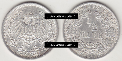 Münzen Deutschland 1871-1918 Kaiserreich Silbermünze 1905-1919, 1/2 Mark A 1915 (Stück 2). Vorderseite und Rückseite Nebeneinander... Sammlung