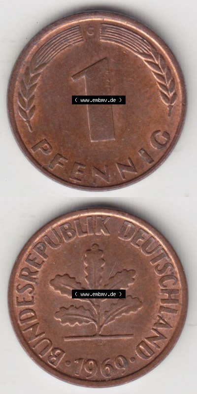Münzen Deutschland 1 Pfennig-Deutsche Mark 1950-2001, 1 Pfennig 1969 G. Rückseite und Vorderseite in vertikaler Ansicht für... Sammlung