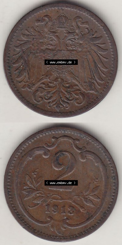 Münzen Österreich / Austria Eurovorläufer, Umlaufmünze vor Euroeinführung 1892-1915, 2 Heller 1913 (4) Sammlung