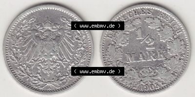 Münzen Deutschland 1871-1918 Kaiserreich Silbermünze 1905-1919, 1/2 Mark A 1905. Vorderseite und Rückseite Nebeneinander einer... Sammlung