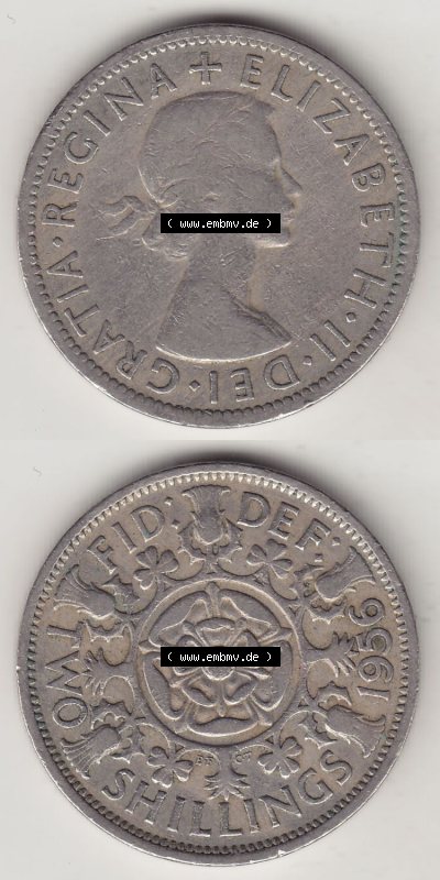 Münzen Großbritannien Eurovorläufer, Umlaufmünze vor Euroeinführung 1954-1970, 2 Schilling - Shillings 1956 (Stück 1). Vorderseite... Sammlung