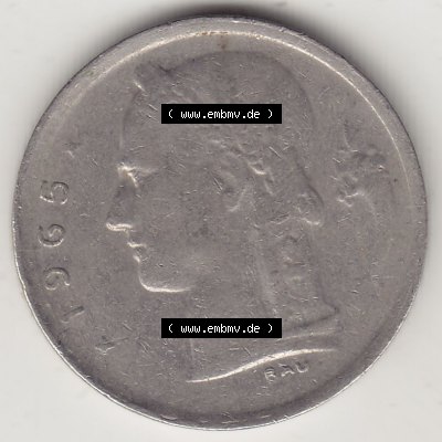 Münzen Belgien Eurovorläufer, Umlaufmünze vor Euroeinführung 1950-1988, 1 FR-Franken 1965 Belgique. Rückseite einer Münze aus Europa als Digitales Bild... Sammlung
