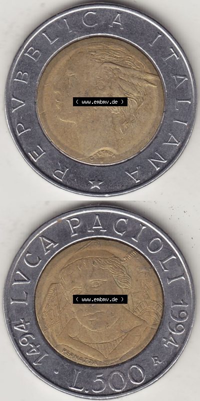 Münzen Italien / Italia Eurovorläufer, Gedenkmünze vor Euroeinführung 1994-1994, 500 Lire, 500. Geburtstag von Luca Pacioli... Sammlung