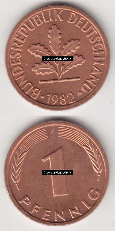 Münzen Deutschland 1 Pfennig-Deutsche Mark 1950-2001, 1 Pfennig 1982 F. Vorderseite und Rückseite in vertikaler Ansicht, einer... Sammlung
